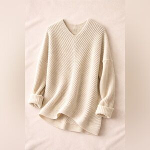 Oversized Cotton Blend Chevron Cabled Cream V-Neck Sweater. XL